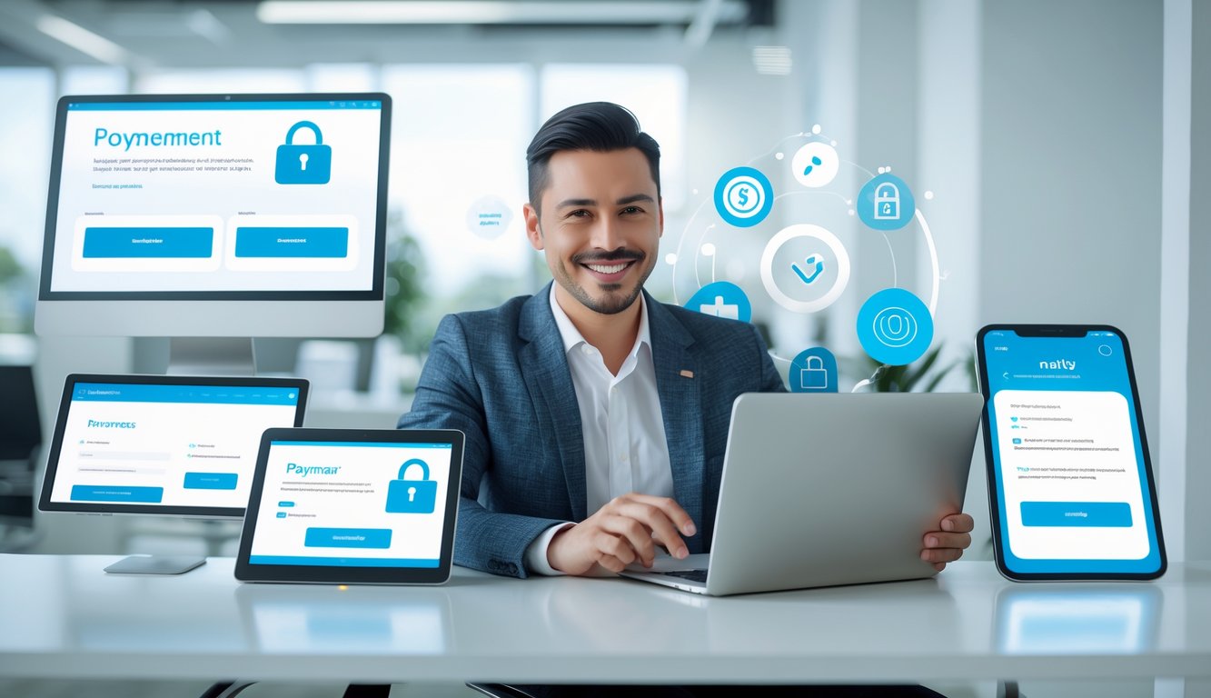 Seorang agen online yang percaya diri sedang bekerja di kantor modern dengan beberapa perangkat digital yang menunjukkan sistem pembayaran cepat dan aman.