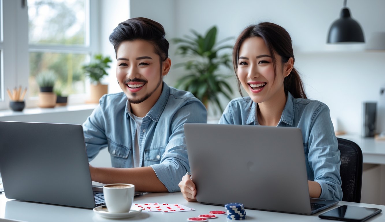 Seorang pria dan wanita muda duduk di meja dengan laptop dan ponsel, terlihat senang dan fokus bermain game online di ruang kerja yang terang dan nyaman.