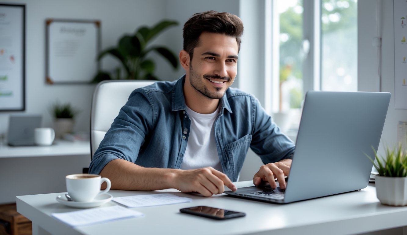 Seorang pria muda duduk di meja dengan laptop di ruang kerja rumah yang terang, terlihat fokus dan senang saat menggunakan platform permainan online.