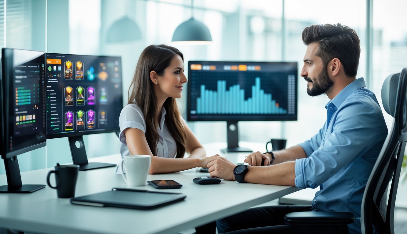 Seorang pria dan wanita duduk di meja kantor modern, berdiskusi serius tentang strategi permainan kartu online dengan beberapa layar komputer di depan mereka.