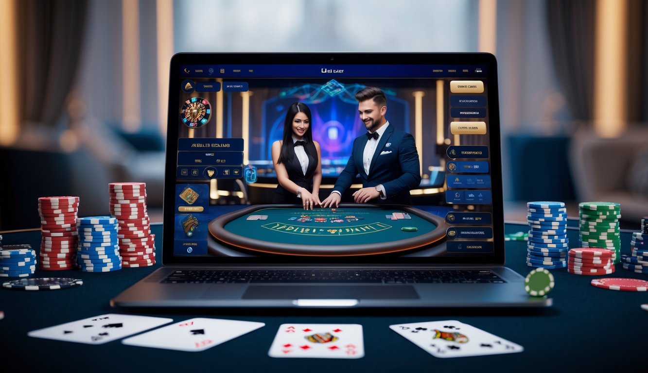 Seorang dealer kartu profesional di depan komputer dengan tampilan permainan kartu online dan berbagai elemen permainan di sekitarnya.