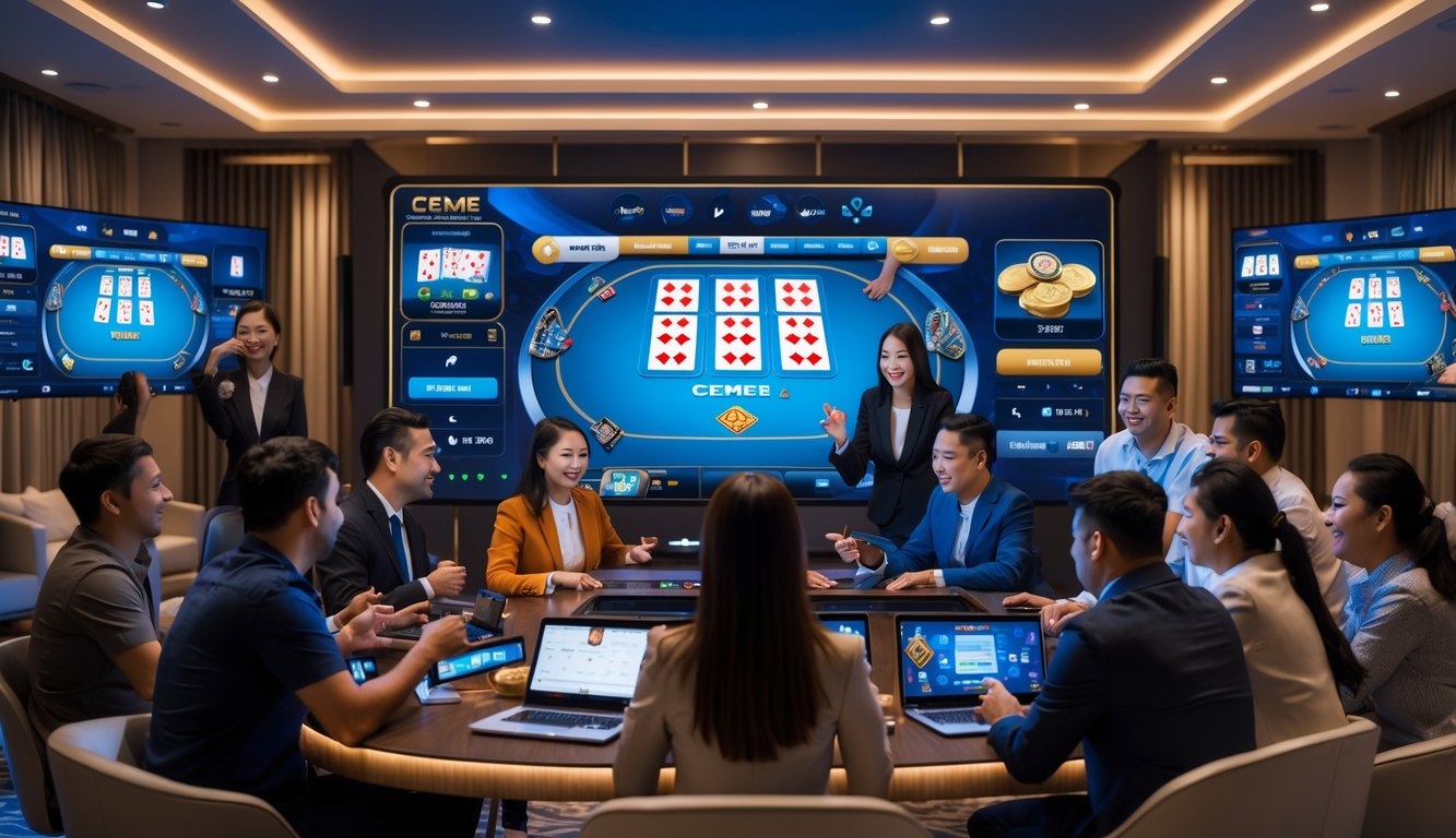 Beberapa orang bermain permainan kartu Ceme secara online dengan dealer langsung di layar besar dalam ruangan modern.