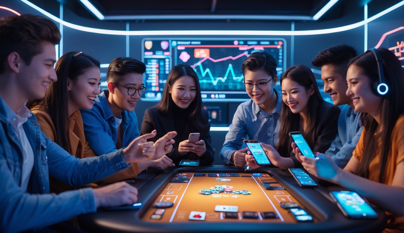 Sekelompok orang muda sedang bermain permainan kartu online di perangkat digital dalam ruangan modern yang terang dan penuh semangat.