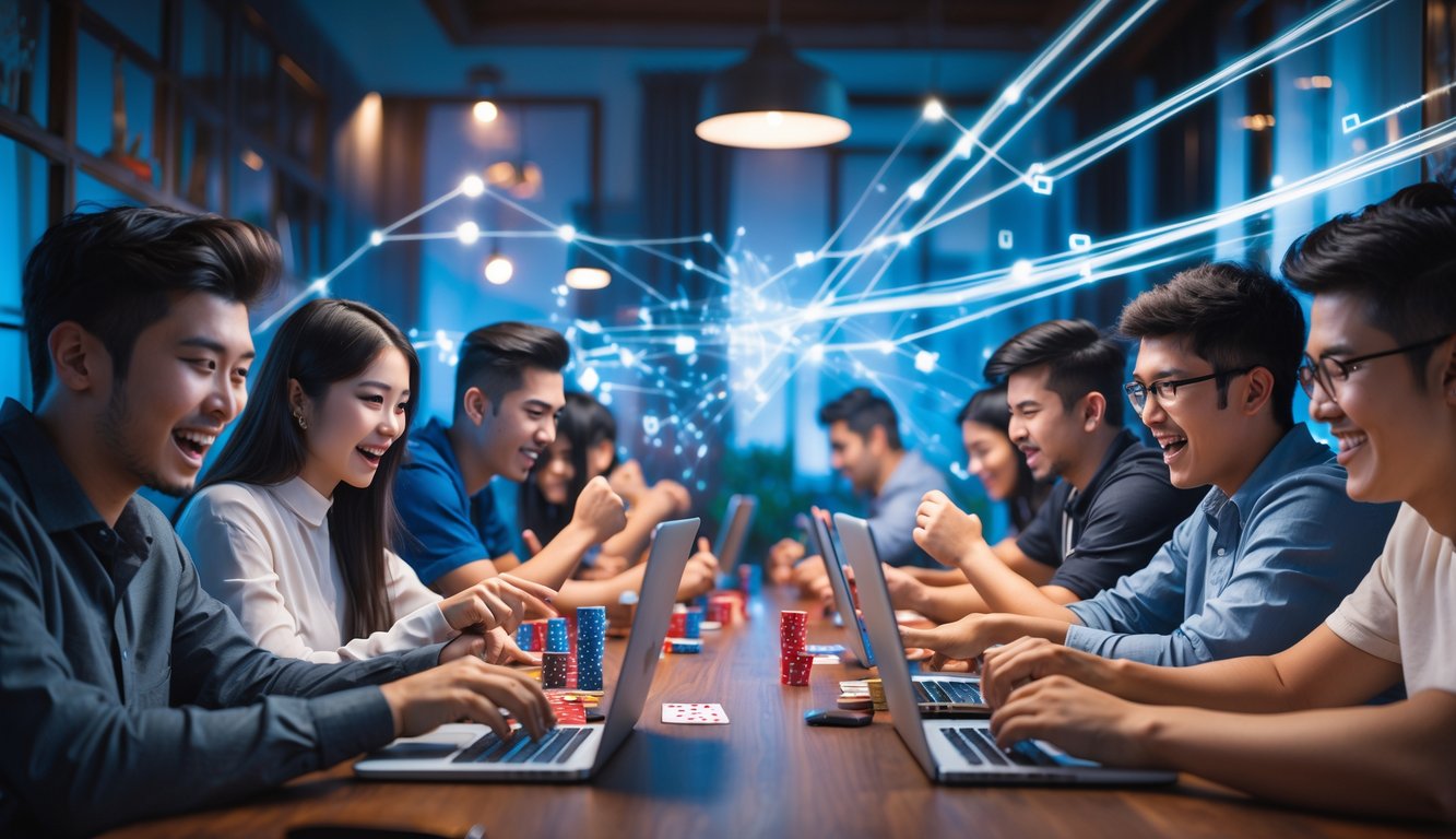 Sekelompok orang muda bermain permainan kartu secara online dengan ekspresi fokus dan antusias di ruangan yang nyaman.