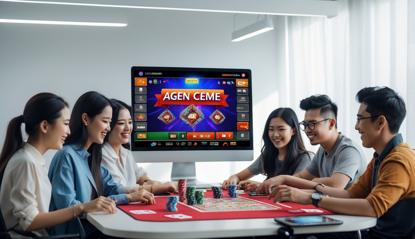 Beberapa orang muda bermain game kartu online bersama di depan komputer dengan suasana ceria dan fokus.