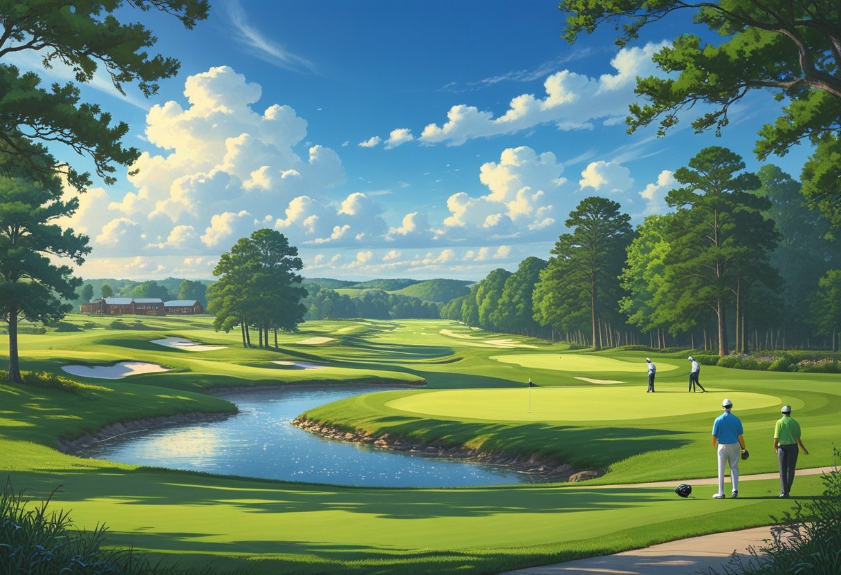 A peaceful golf course with green fairways, trees, golfers playing, and a water hazard under a blue sky.