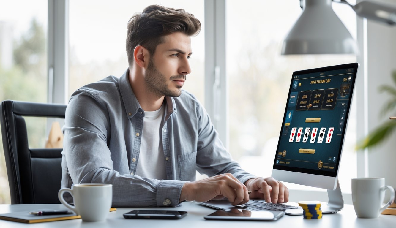 Seorang pria muda duduk di meja dengan laptop, fokus bermain permainan kartu online di ruang kerja yang terang dan rapi.