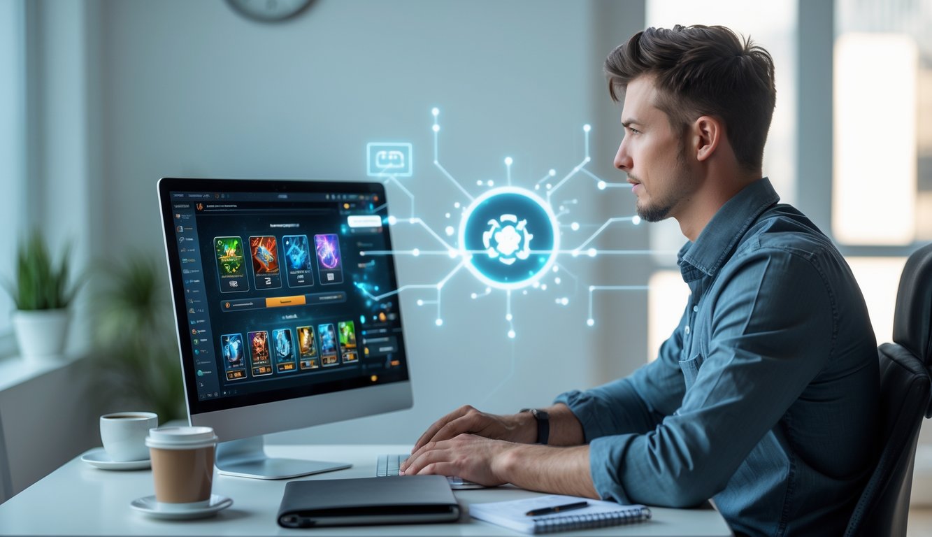 Seorang pria muda duduk di meja dengan laptop, fokus bermain permainan kartu online di ruangan yang terang dan rapi.