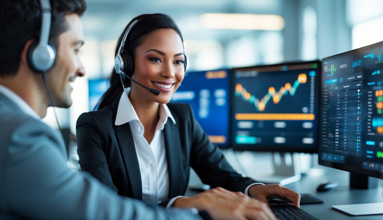 Seorang perwakilan layanan pelanggan yang tersenyum mengenakan headset di kantor modern dengan layar komputer yang menampilkan transaksi online aman.