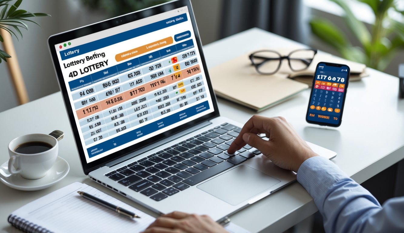 Seseorang sedang menganalisis data taruhan togel 4D di meja kerja dengan laptop, catatan, dan ponsel.
