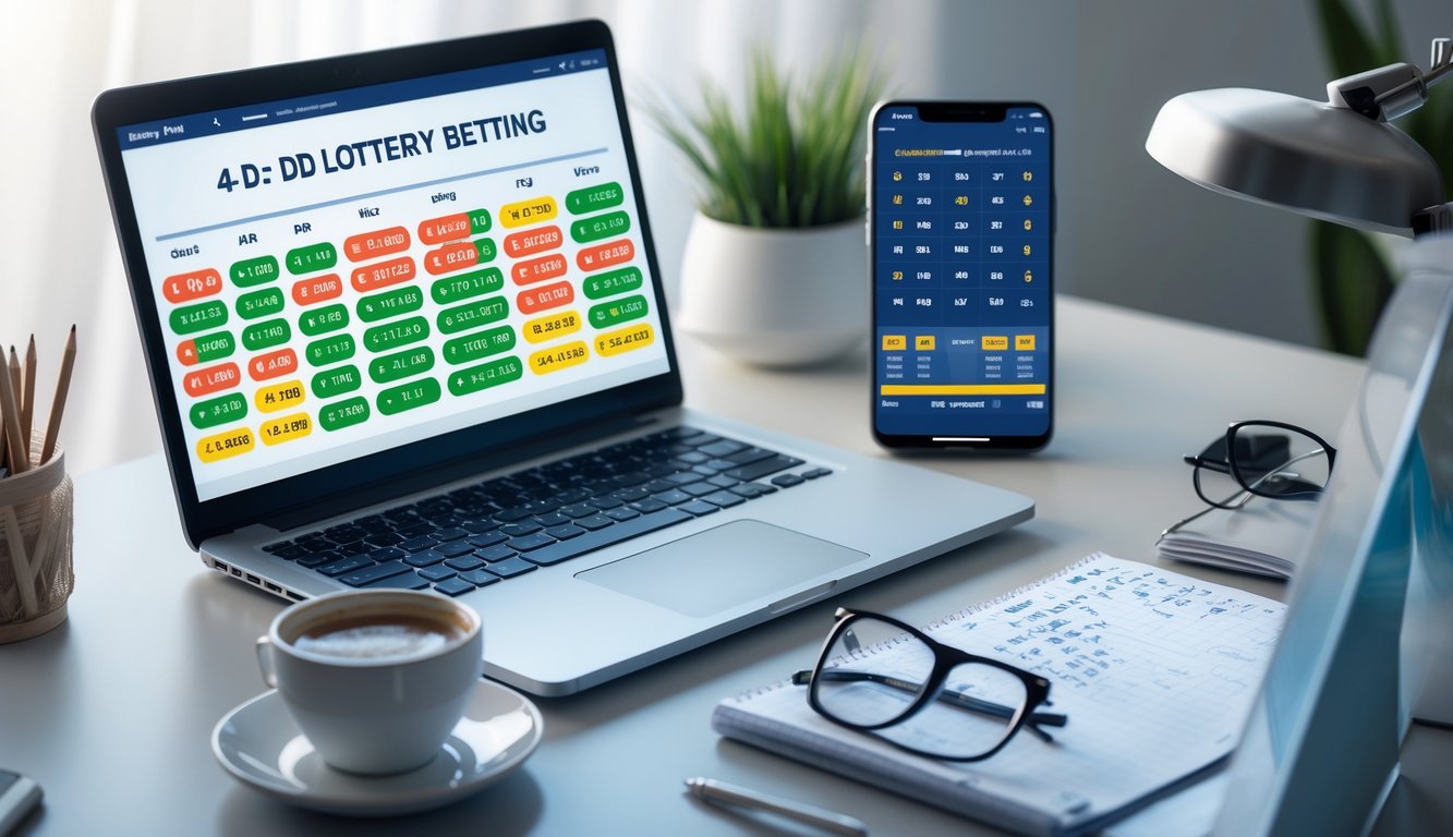Meja kerja dengan laptop, ponsel, dan buku catatan yang menunjukkan aktivitas taruhan togel 4D.