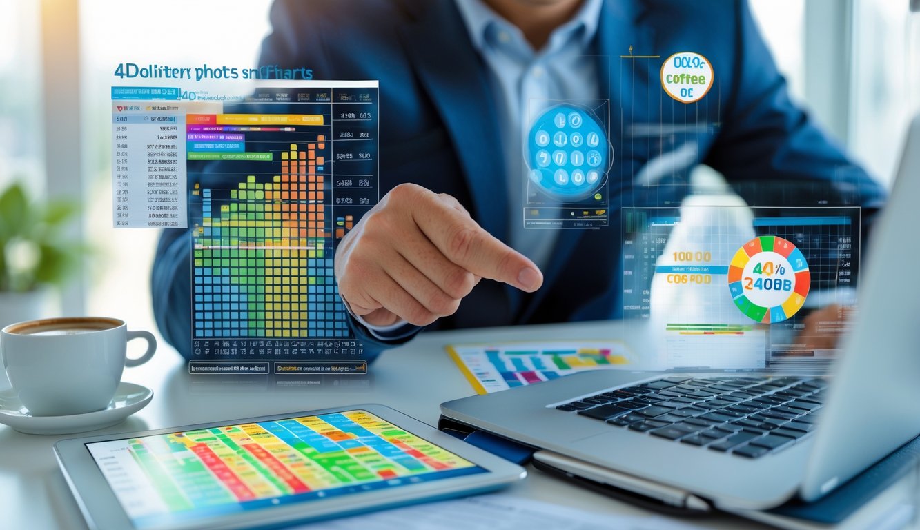Seorang pria bisnis sedang menganalisis statistik dan grafik togel 4D di tablet dan laptop di kantor yang terang dan rapi.