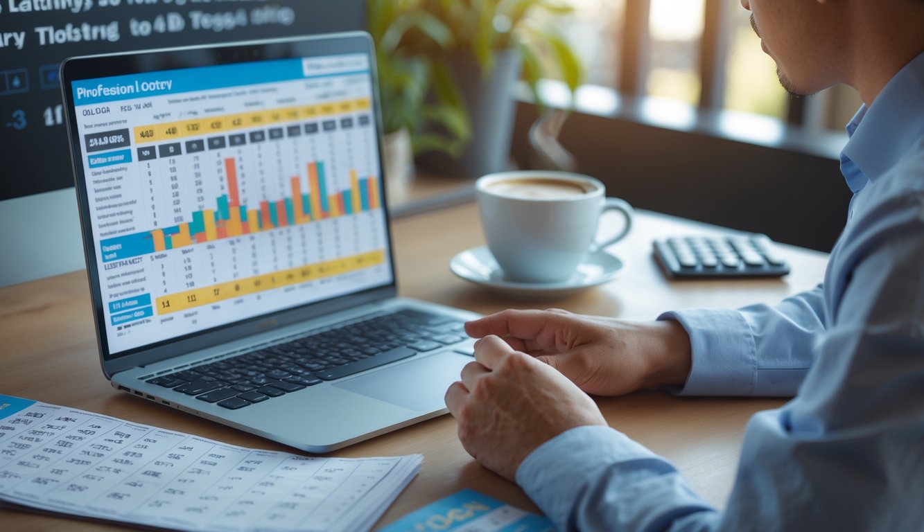 Seseorang yang fokus menganalisis angka dan strategi taruhan togel 4D di meja kerja dengan laptop, catatan, dan kopi.