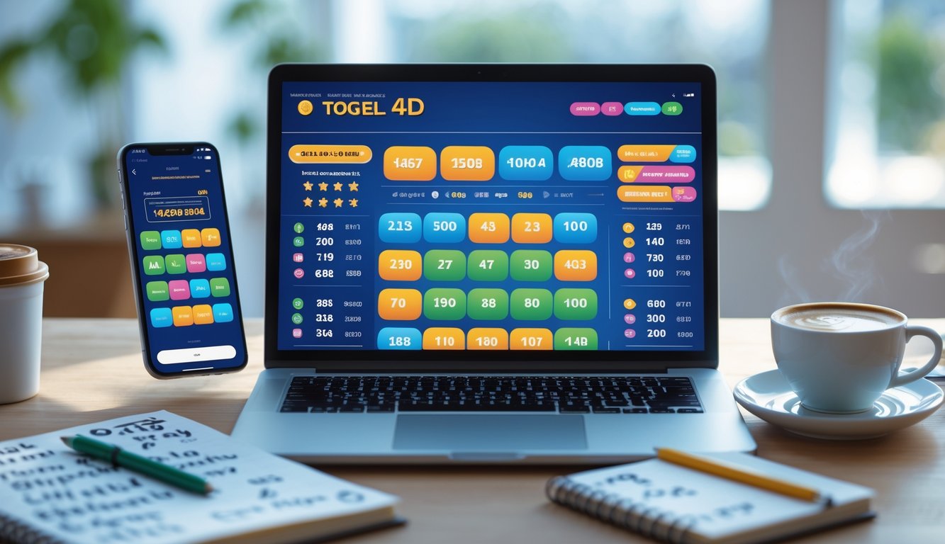 Meja kerja dengan laptop, ponsel, buku catatan, dan secangkir kopi yang menunjukkan aktivitas taruhan togel online.