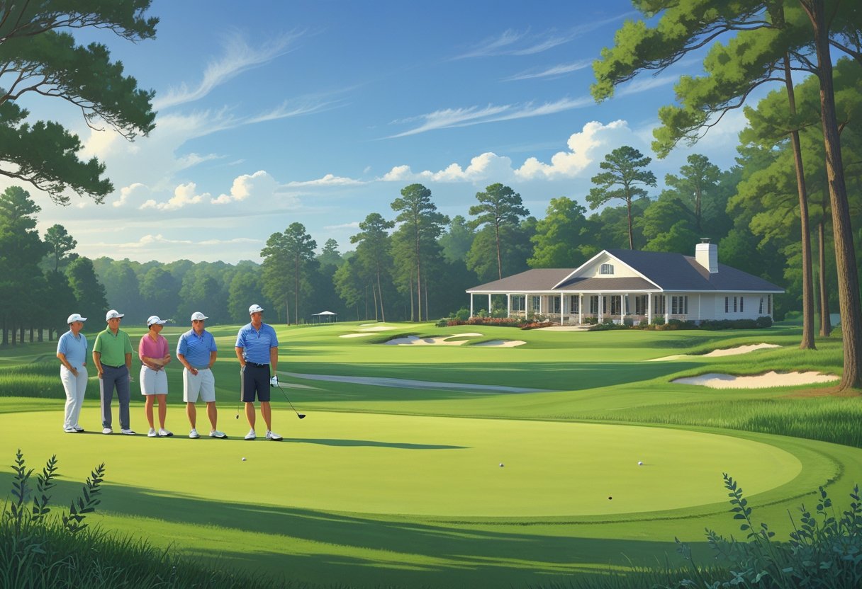 A golf course in Calhoun County with golfers playing on a green fairway near a small clubhouse surrounded by trees and hills.