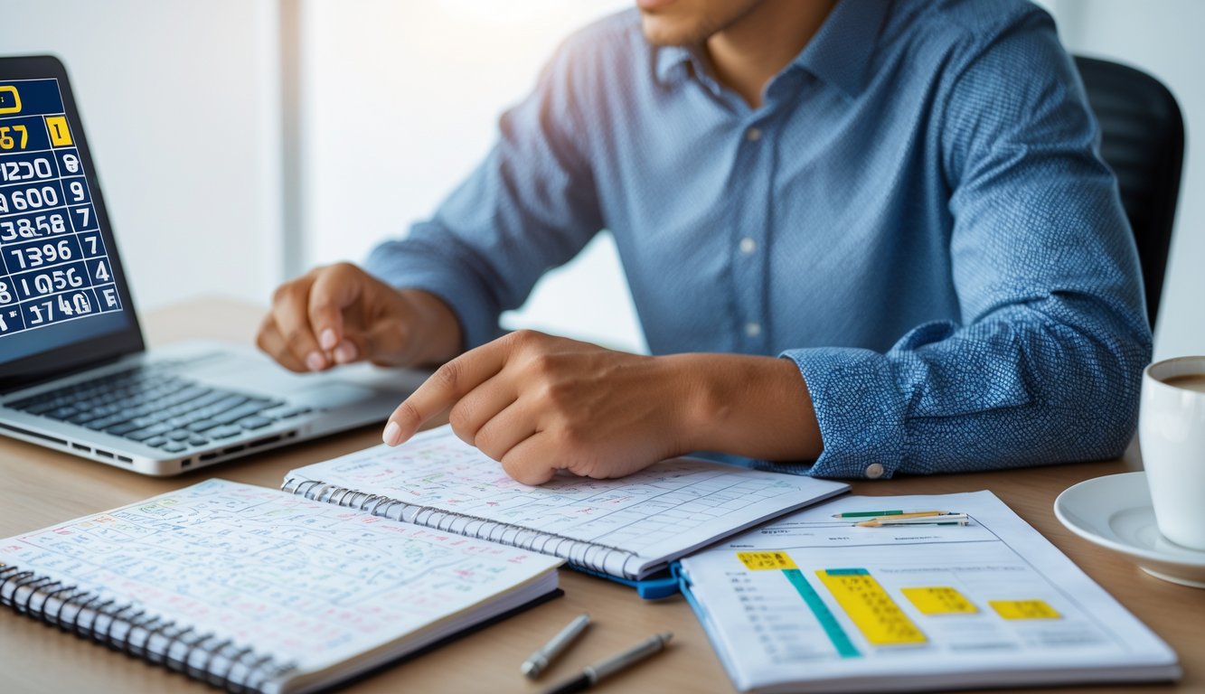 Seseorang sedang duduk di meja modern, menganalisis angka dan rencana keuangan dengan laptop, buku catatan, dan secangkir kopi.