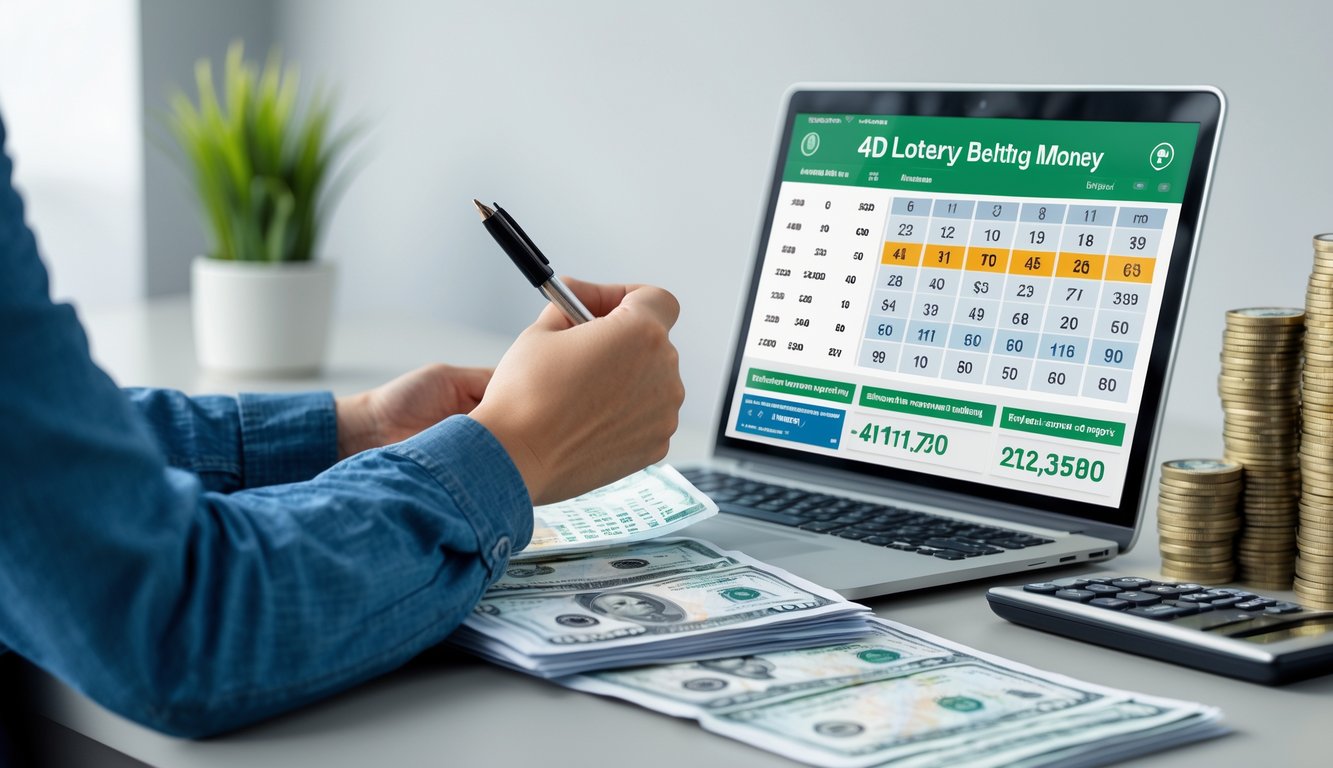 Seseorang sedang menganalisis angka togel dan mengatur uang taruhan di meja kerja yang rapi.