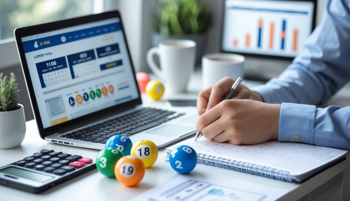 Seorang pria duduk di depan meja dengan laptop, mencatat angka togel dan dikelilingi bola togel berwarna-warni di atas meja.