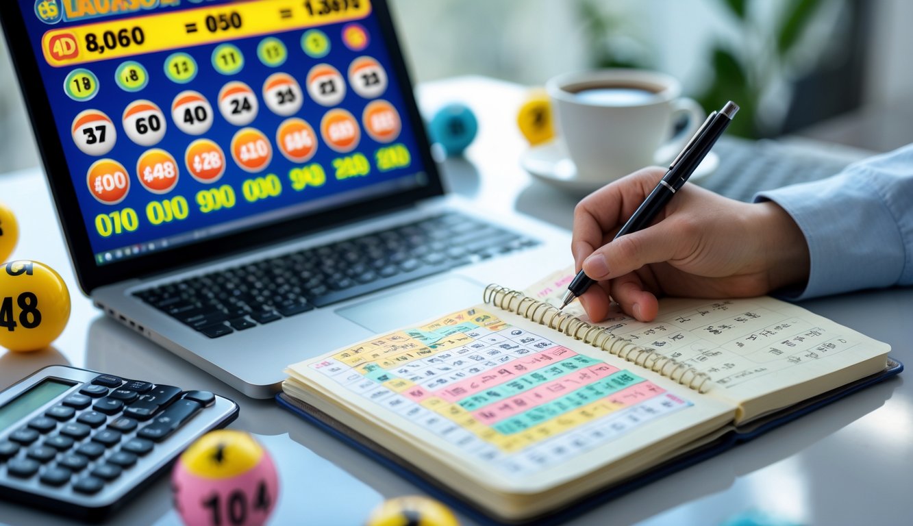 Meja kerja dengan laptop, tangan memegang pena di atas buku catatan, bola togel bernomor, dan kalkulator.