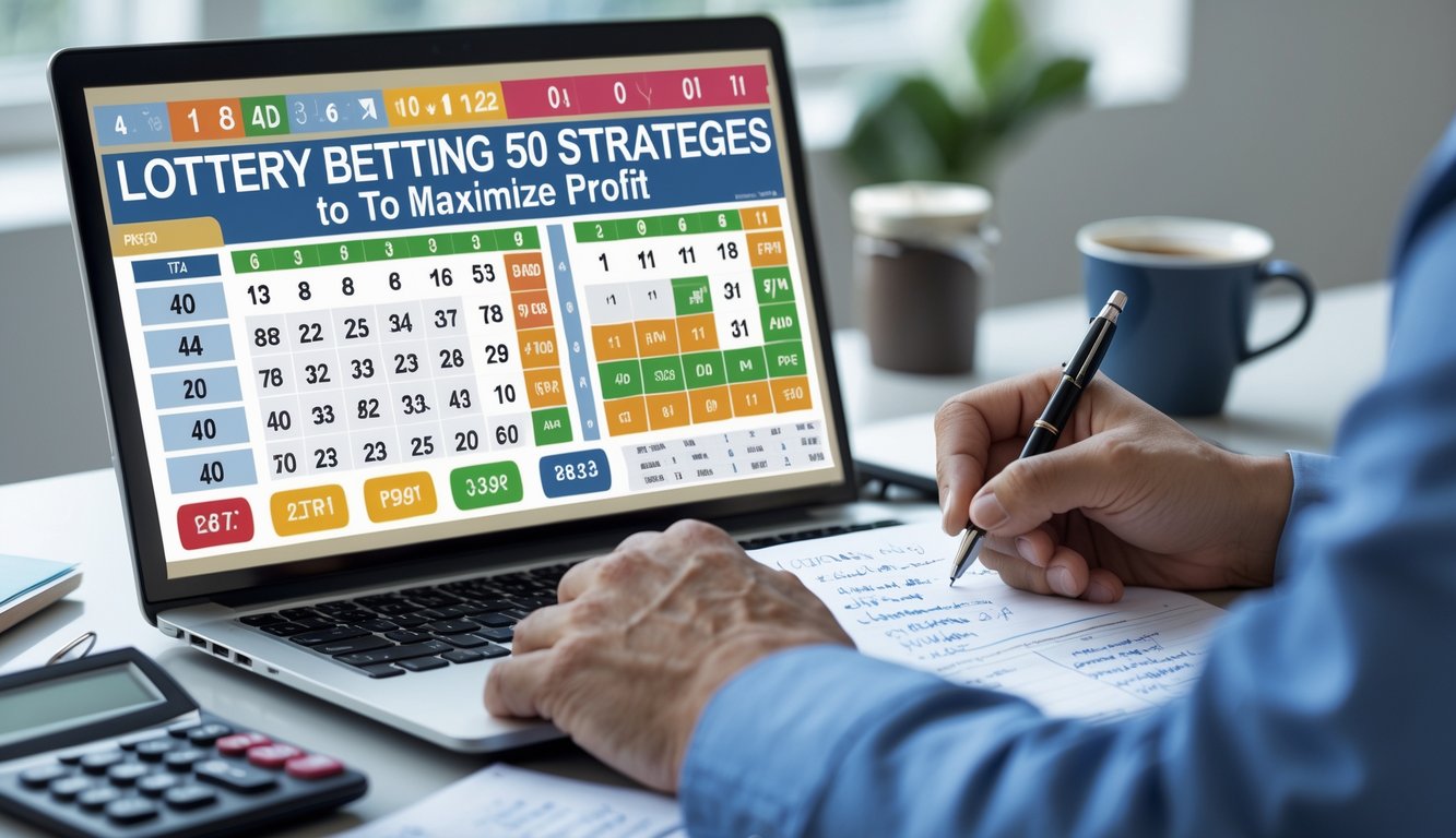 Seseorang yang sedang menganalisis strategi taruhan togel 4D di meja kerja dengan laptop, catatan, dan kalkulator.