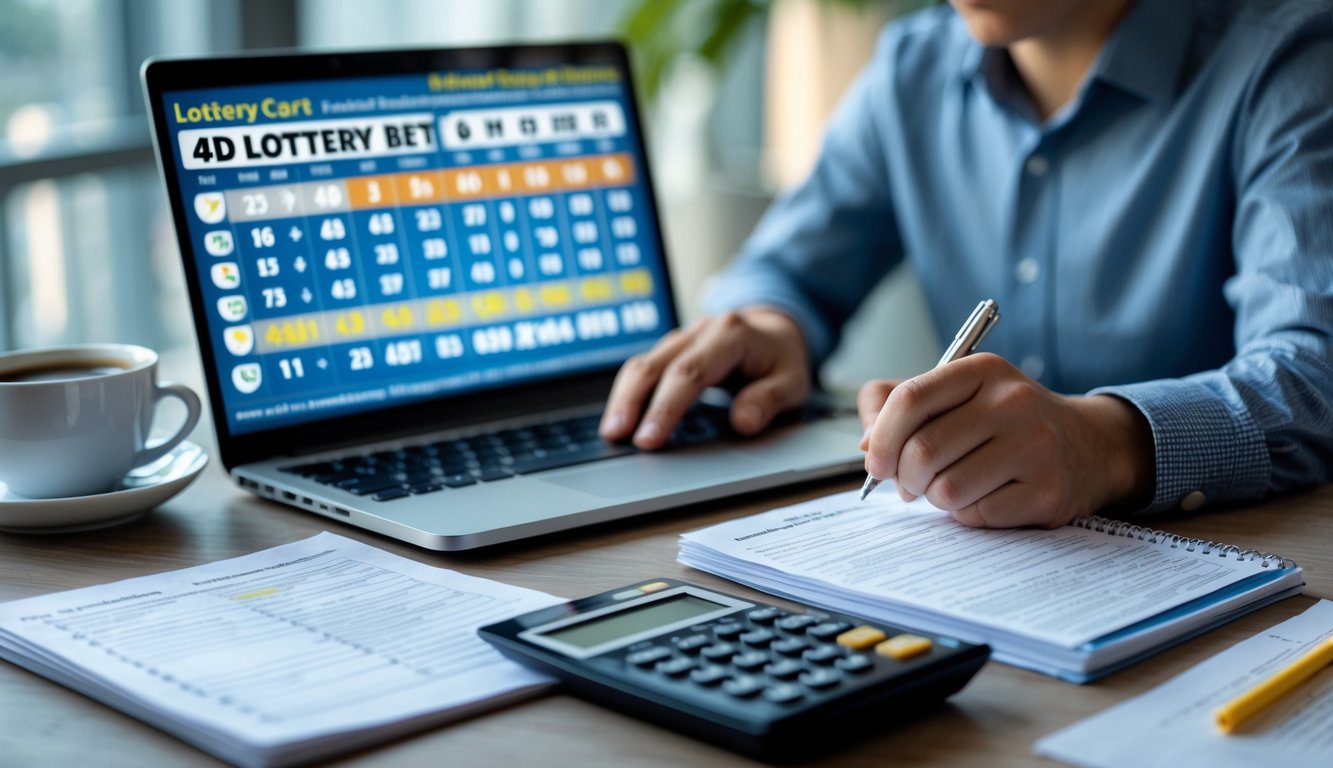 Seseorang sedang fokus menganalisis strategi taruhan togel 4D di meja kerja dengan laptop, catatan, dan kalkulator.