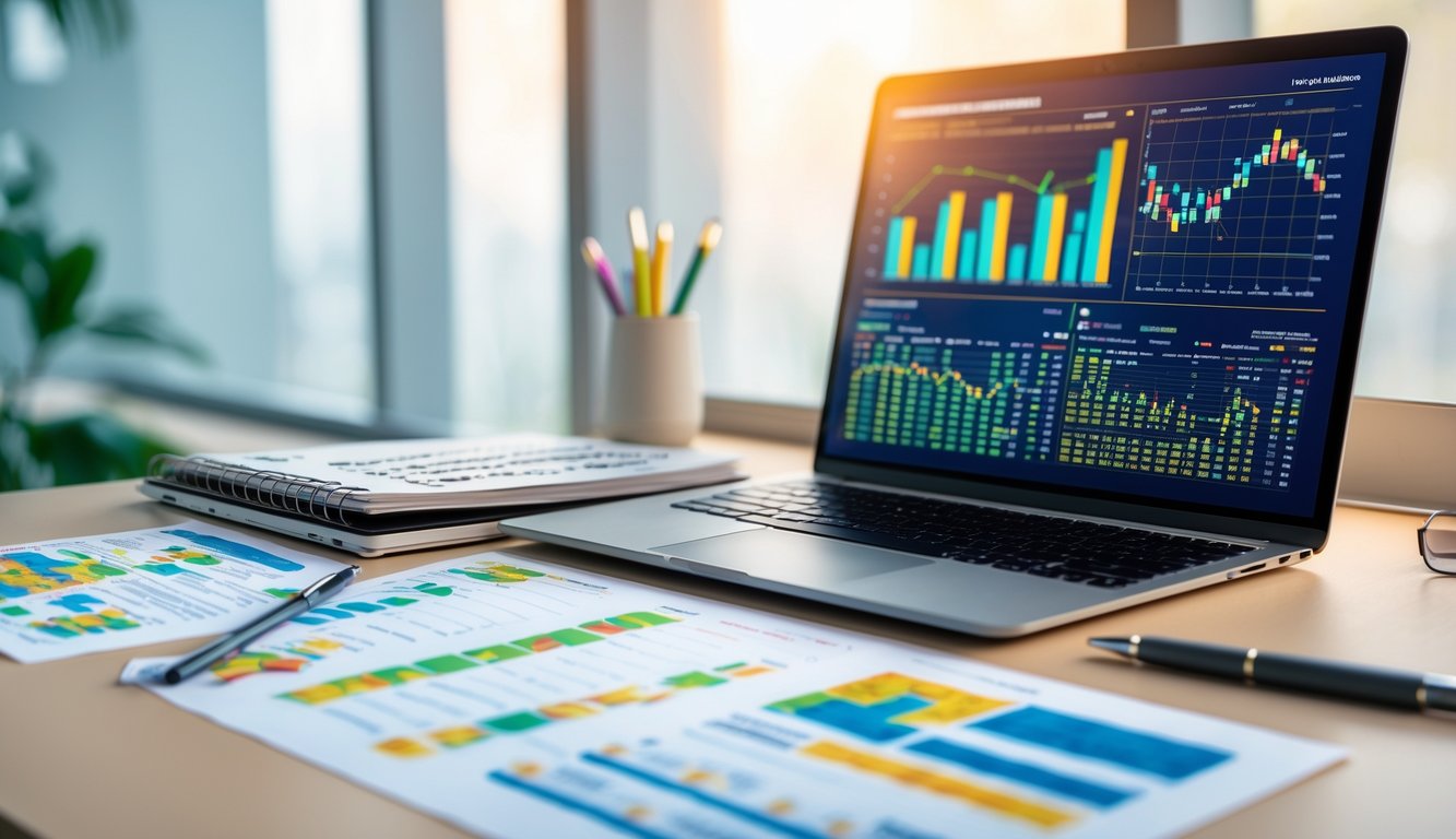 Meja kerja dengan laptop menampilkan grafik dan catatan angka, serta alat tulis dan kertas data statistik.