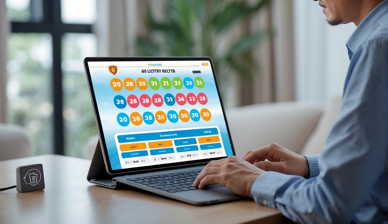 Seseorang menggunakan laptop di ruang kerja yang rapi dengan tampilan situs taruhan togel 4D yang aman di layar.