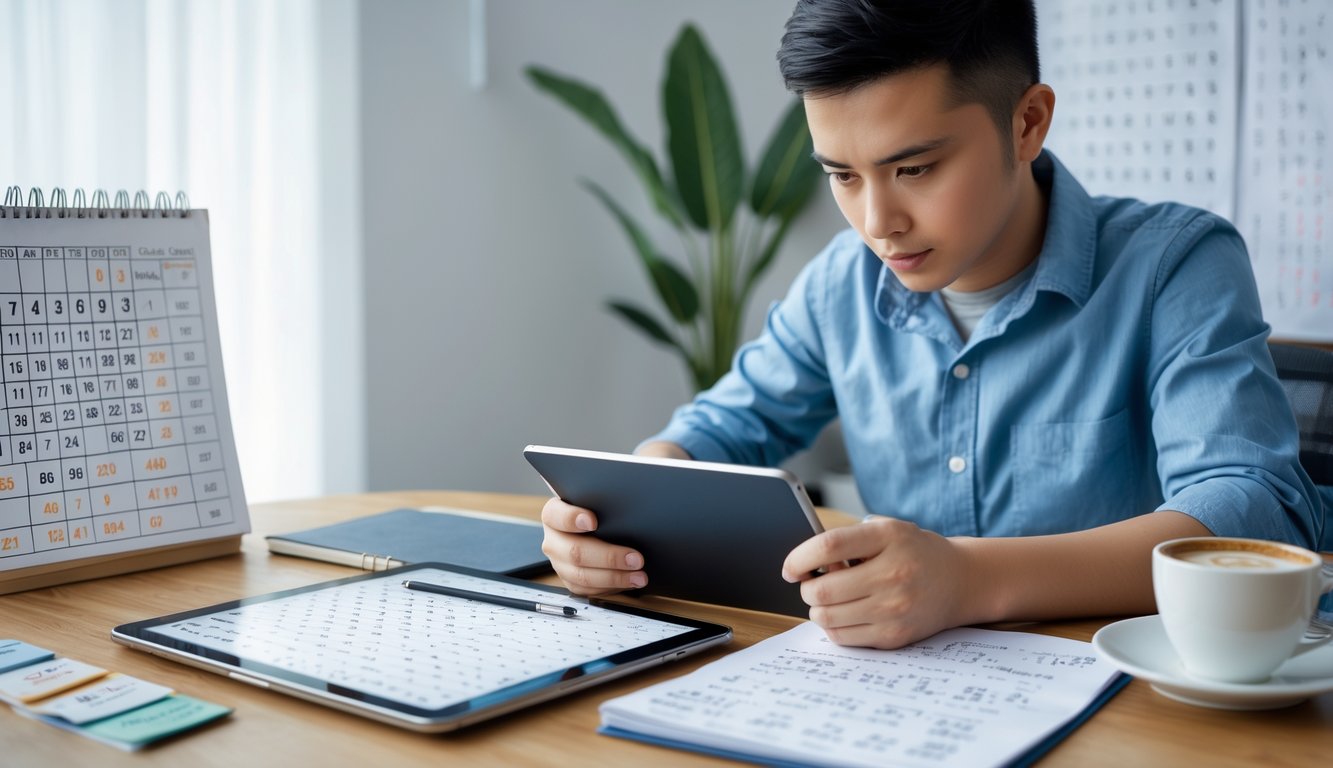 Seseorang yang serius sedang menganalisis angka togel dengan tablet dan catatan di meja kerja yang rapi.