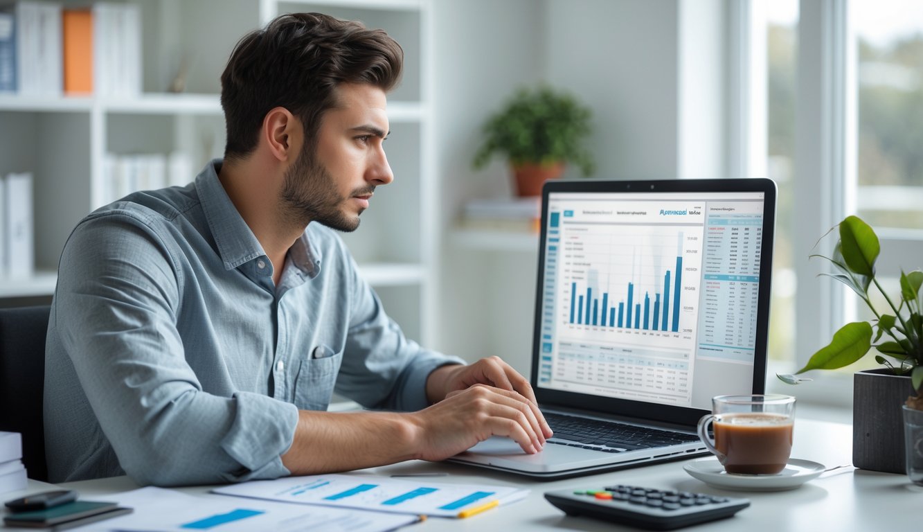 Seorang pria muda duduk di meja kerja dengan laptop dan catatan, fokus mempelajari strategi taruhan togel 4D.