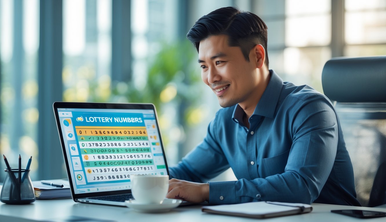 Seorang pria Asia Tenggara duduk di meja modern sambil menganalisis data angka lotere di laptop dalam ruangan kantor yang terang dan rapi.