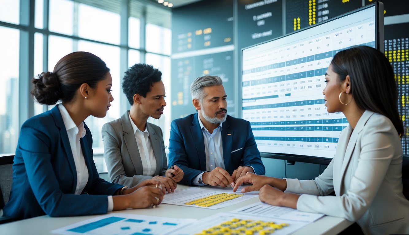 Sekelompok orang sedang berdiskusi dan menganalisis angka-angka di ruang kantor yang terang dan rapi.