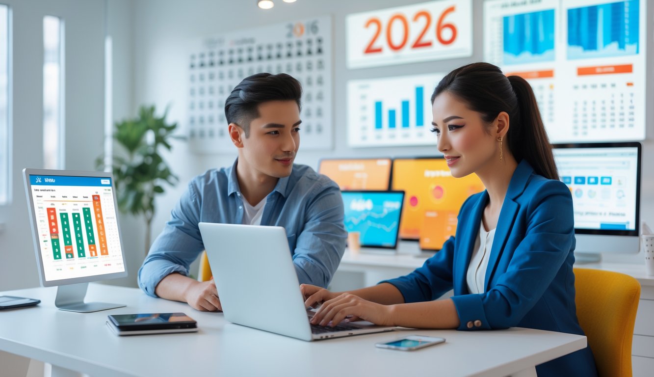 Dua orang muda duduk di meja dengan laptop, fokus pada layar yang menampilkan data terkait lotre, di ruangan terang dan rapi.