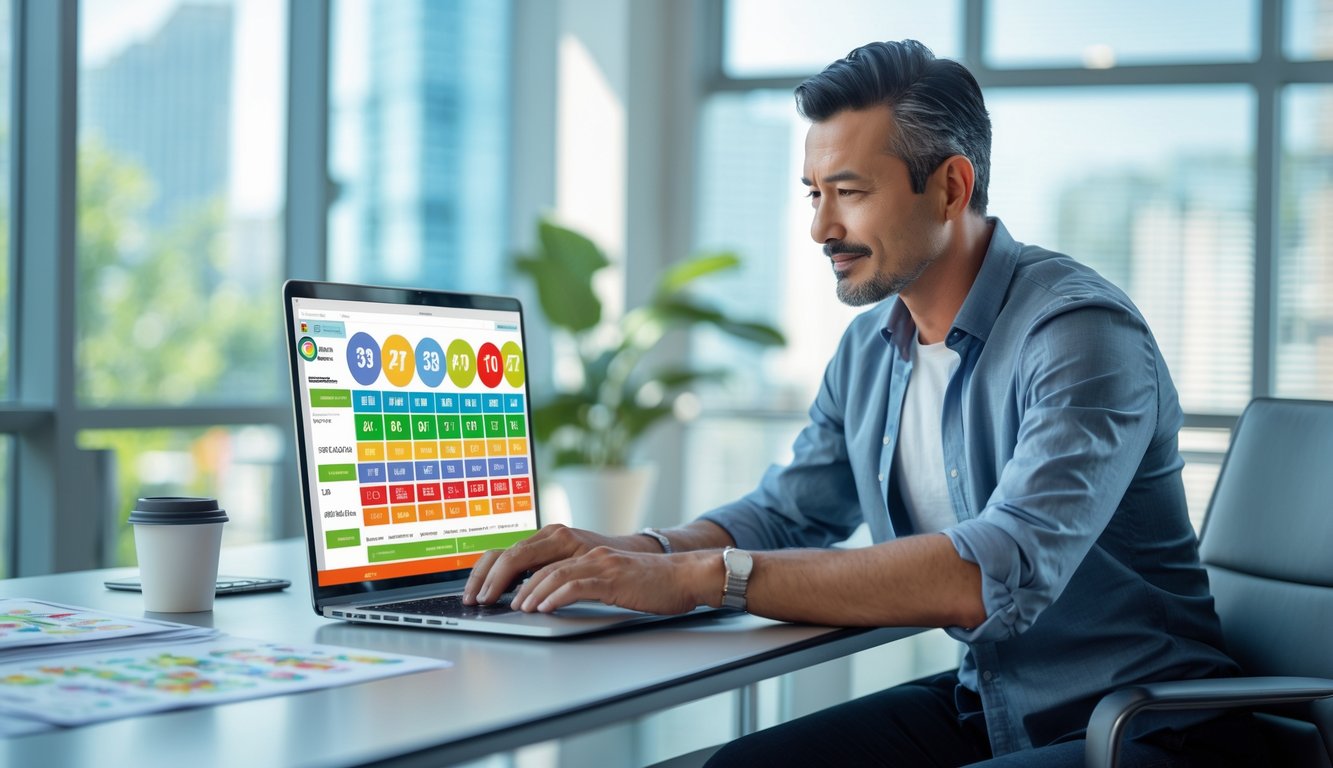 Seorang pria dewasa duduk di meja kantor dengan laptop dan smartphone, melihat data terkait togel dengan suasana terang dan profesional.
