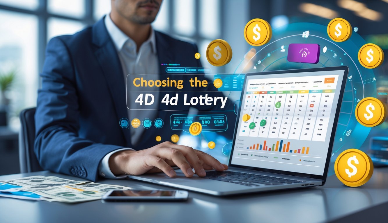 Seorang profesional duduk di meja kerja dengan laptop, menganalisis data dan grafik terkait lotere 4D, di sekitar terdapat simbol pembayaran cepat dan angka lotere.