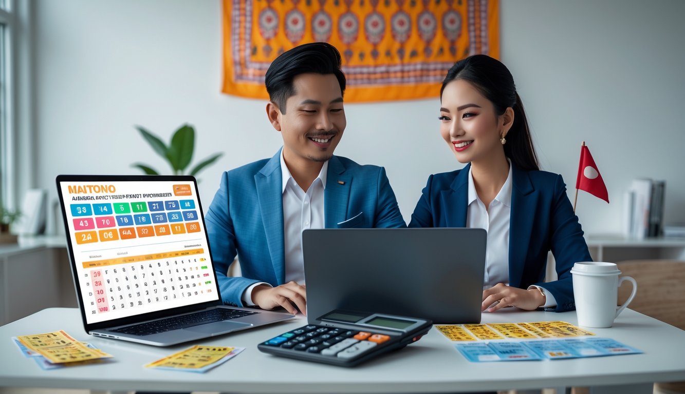 Seorang pria dan wanita Indonesia duduk di meja dengan laptop, tiket lotre, dan alat tulis di ruangan kantor yang rapi.