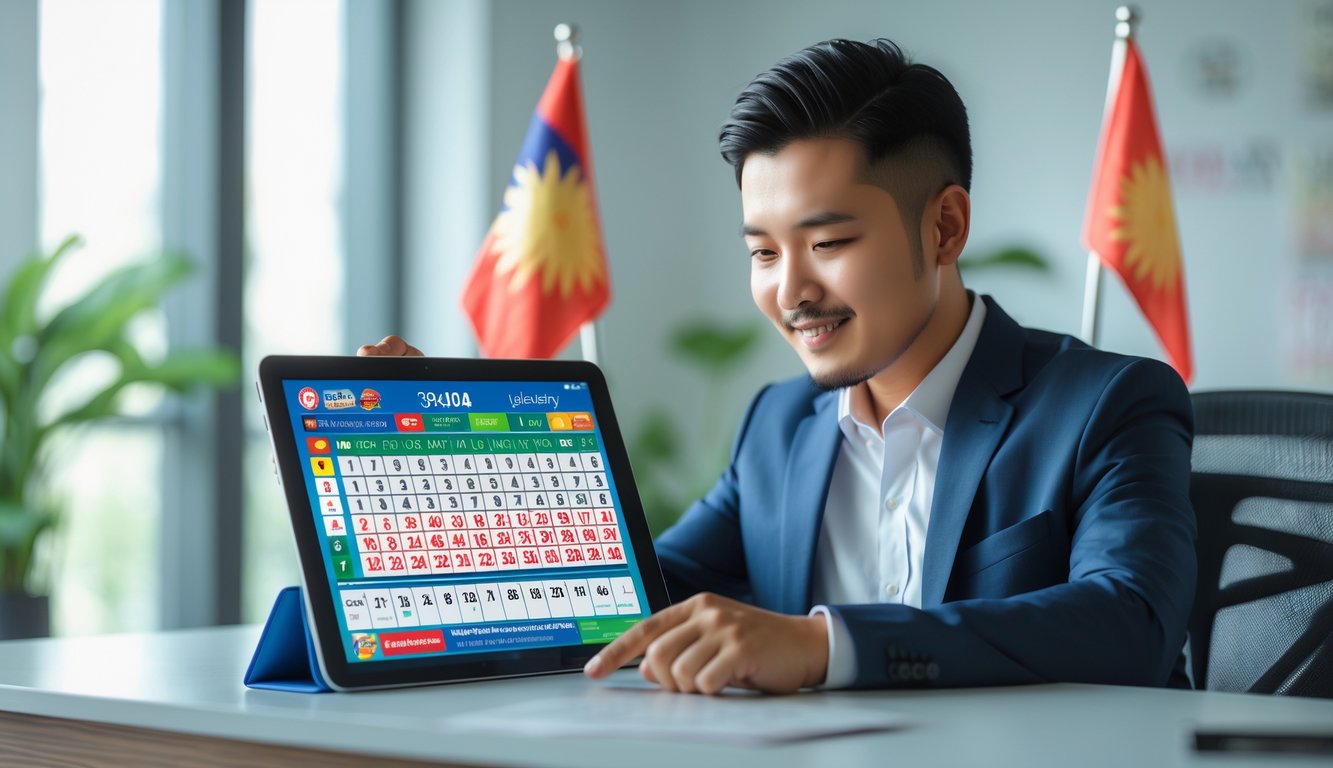 Seorang profesional di kantor modern sedang menggunakan tablet dengan tampilan angka lotere, menunjukkan suasana kerja yang serius dan terpercaya.