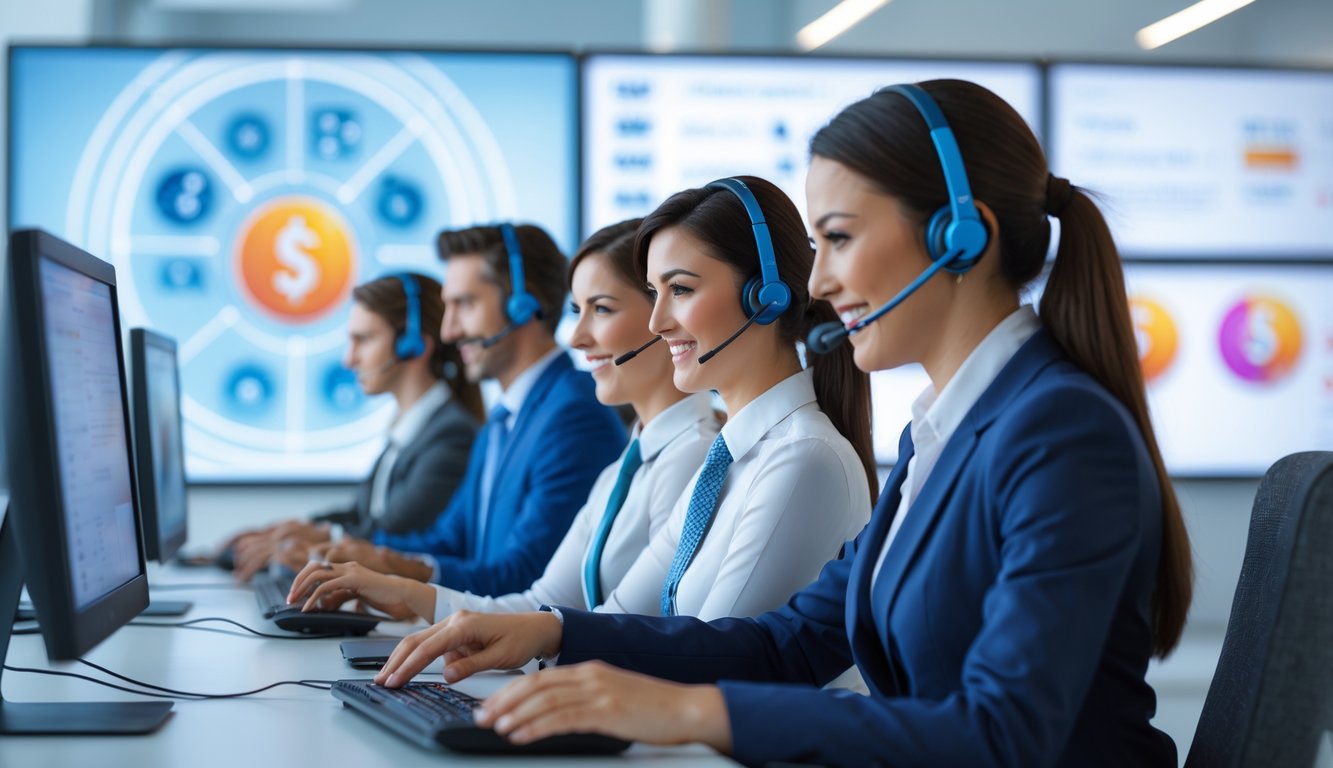 Tim layanan pelanggan yang ramah bekerja di kantor modern dengan komputer dan layar digital yang menampilkan simbol keamanan transaksi.