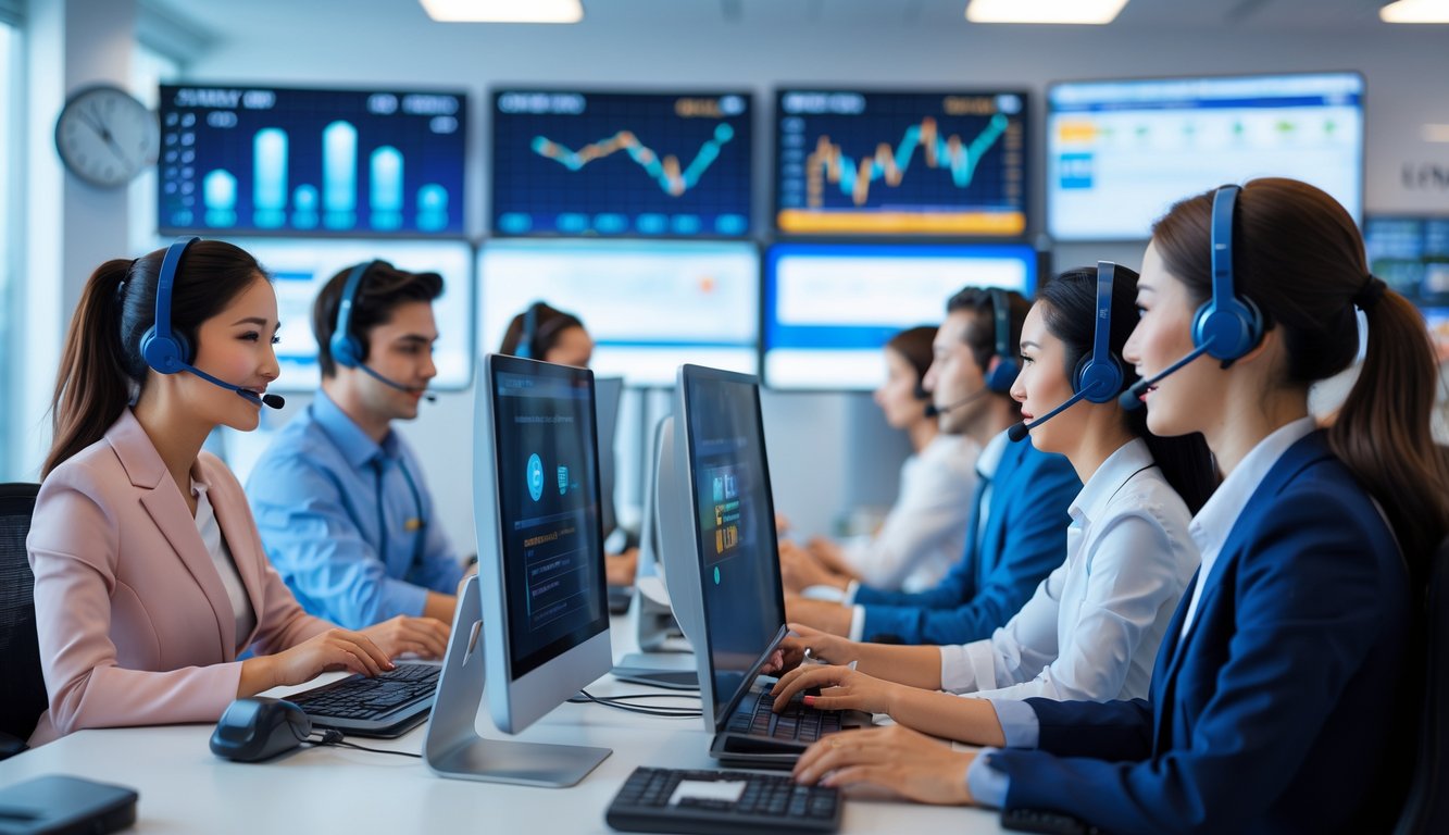 Tim layanan pelanggan sedang bekerja di pusat layanan dengan komputer dan layar yang menunjukkan transaksi aman.
