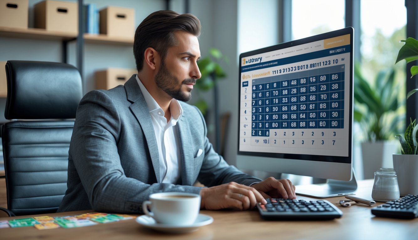 Seorang pria duduk di meja dengan laptop, menganalisis angka dan grafik lotere di ruangan kantor yang rapi.