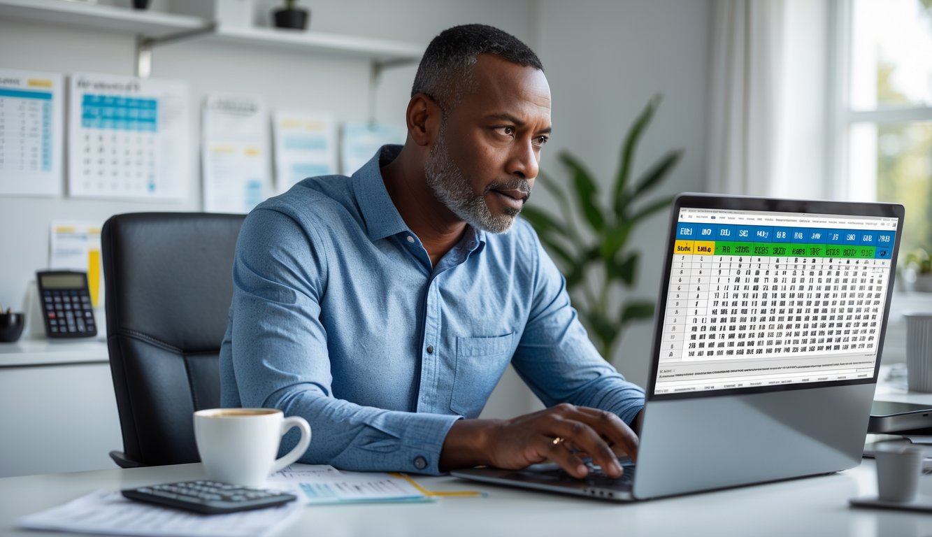 Seorang pria dewasa duduk di meja kerja dengan laptop, memeriksa angka dan data untuk permainan togel 4D.