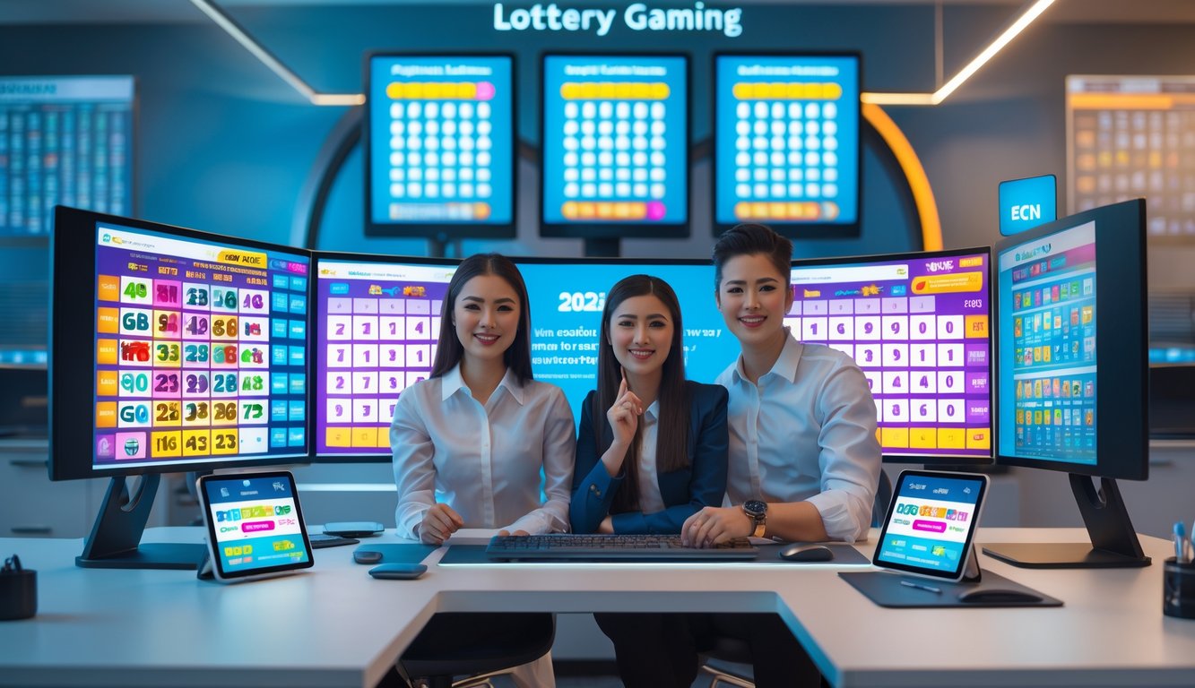 Dua orang dewasa sedang bekerja di depan komputer dengan tampilan angka lotere dan promosi bonus di layar, di sebuah kantor modern.