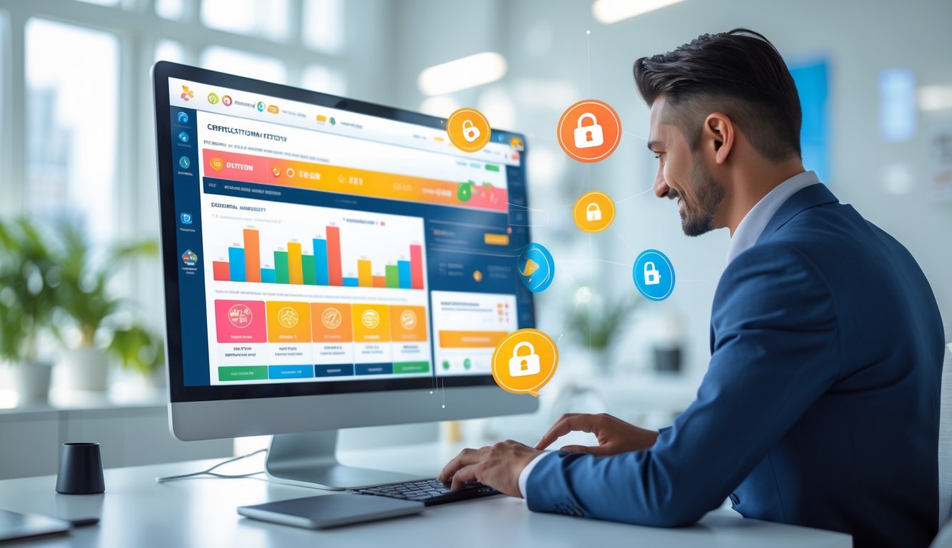 Seseorang menggunakan komputer di kantor modern dengan tampilan situs togel 4D yang menampilkan grafik dan ikon promosi.