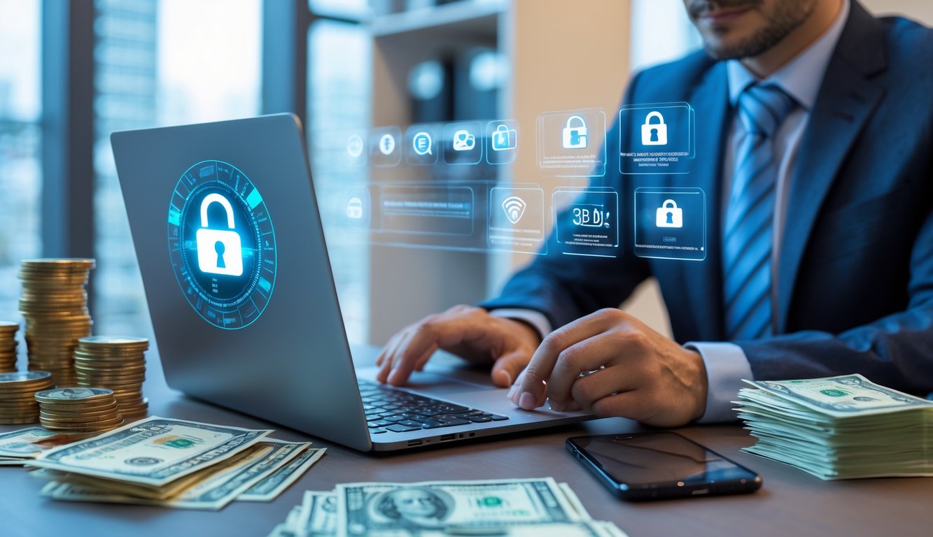 Seorang profesional sedang memeriksa transaksi togel online yang aman di laptop di ruang kantor yang terang dengan tumpukan uang dan ponsel di atas meja.