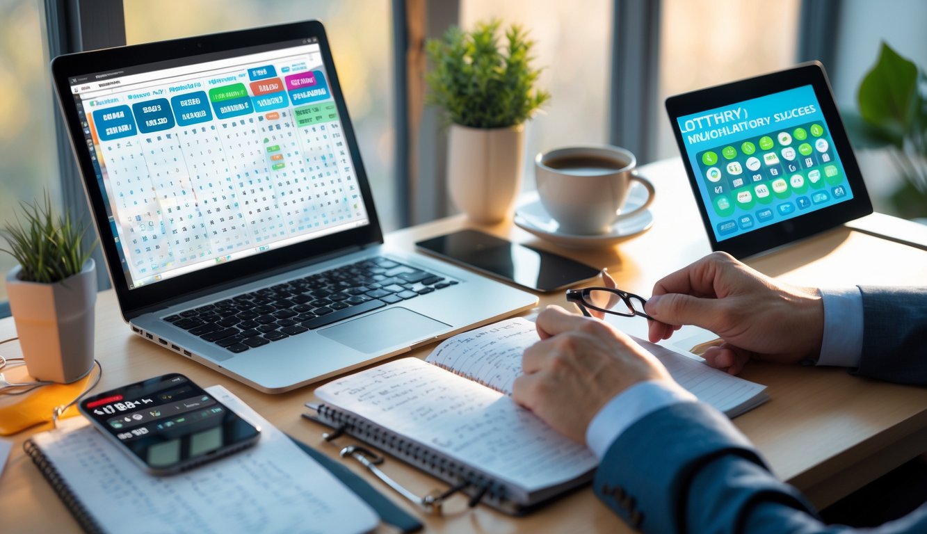 Meja kerja dengan laptop, buku catatan, dan ponsel yang menampilkan aplikasi togel, dengan cahaya alami dan suasana fokus.