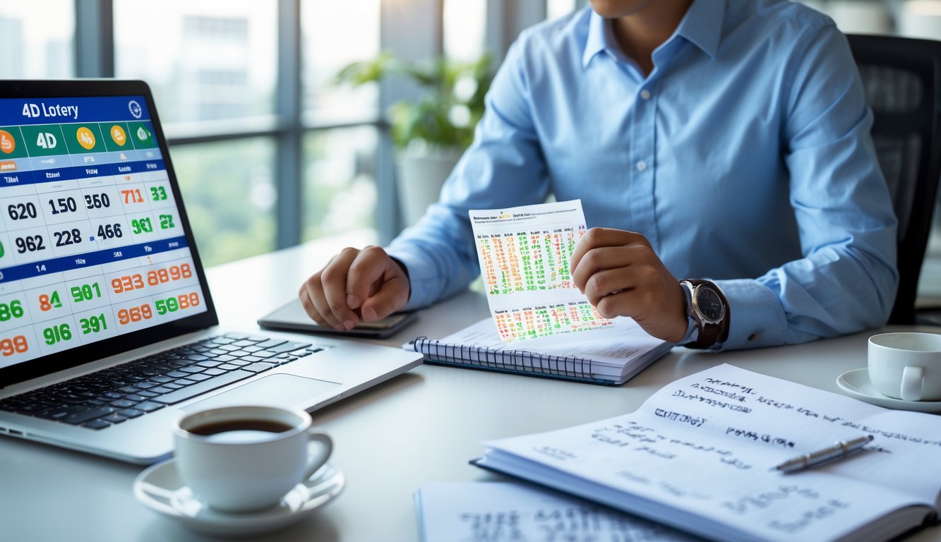 Seseorang yang fokus bekerja di meja dengan laptop dan catatan, mempelajari strategi togel 4D di ruang kantor yang terang.