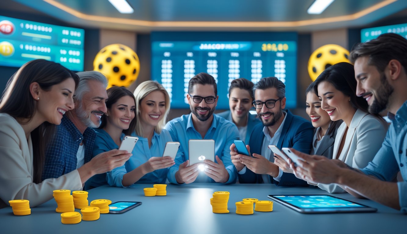 Sekelompok orang dewasa menggunakan perangkat digital untuk bermain lotere dengan suasana penuh semangat dan latar belakang angka lotere serta tumpukan uang.