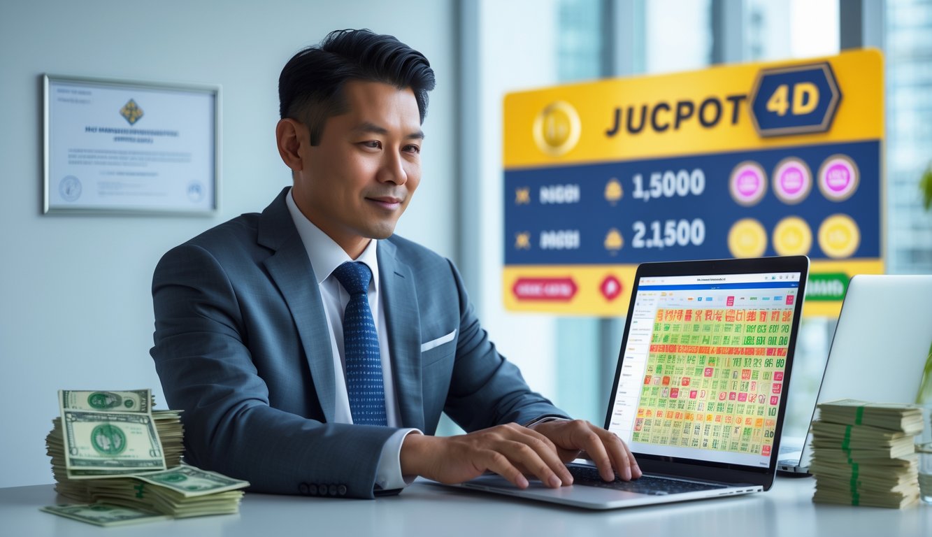 Seorang pria Asia Tenggara duduk di meja kantor modern dengan laptop, menampilkan suasana profesional dan percaya diri terkait operator togel 4D terpercaya.