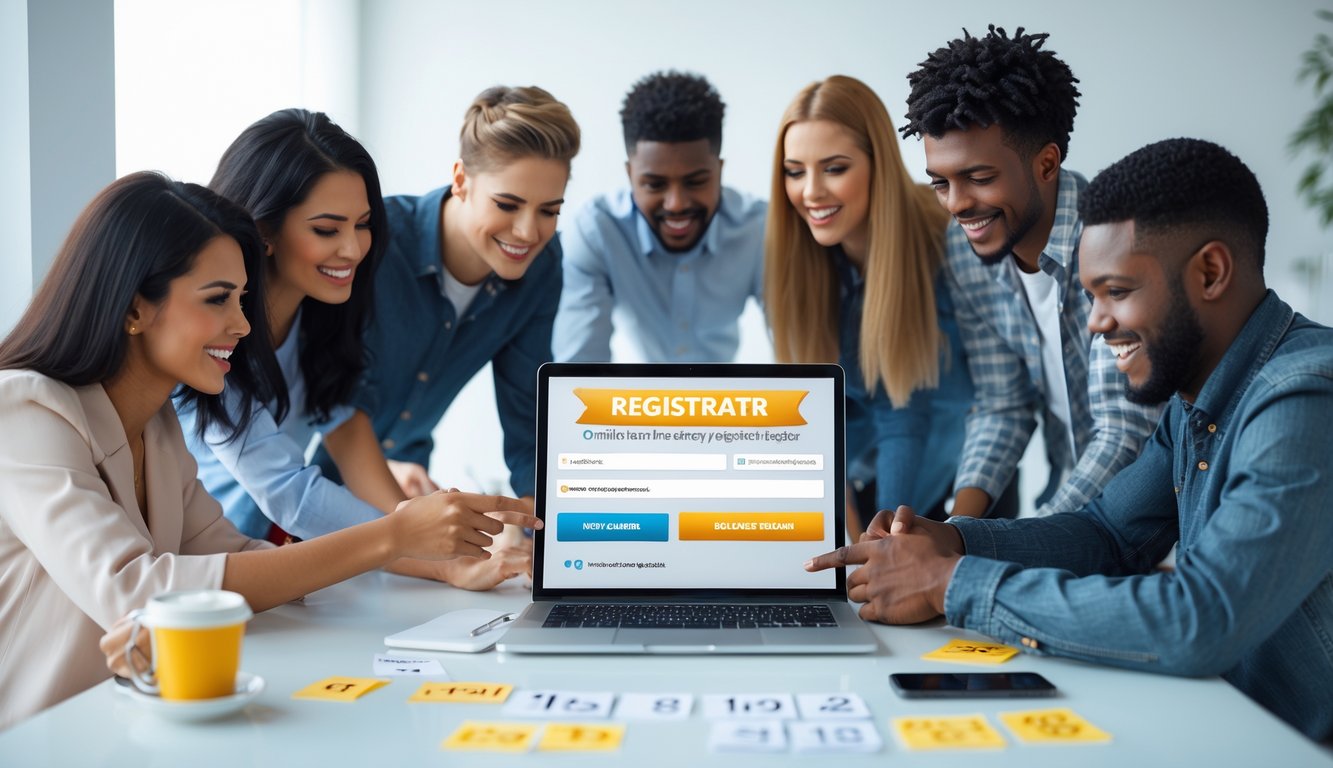 Sekelompok orang muda sedang mendaftar di platform togel 4D menggunakan laptop di meja yang terang dan rapi.