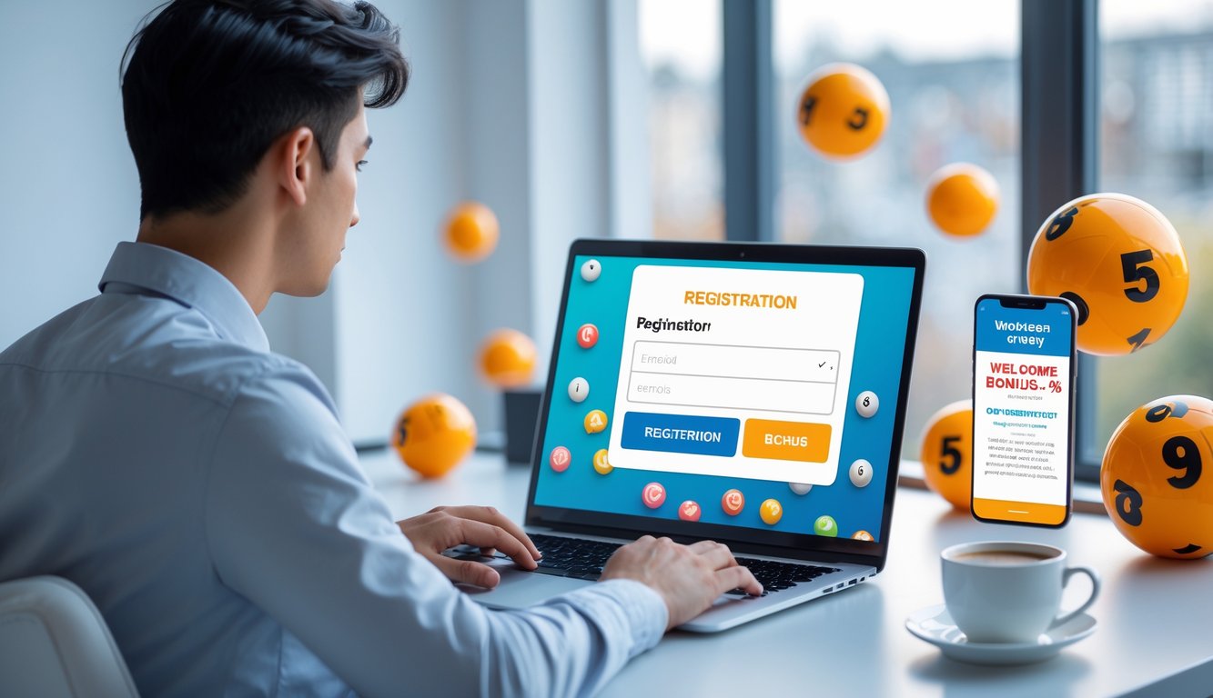 Seorang dewasa muda sedang duduk di meja dengan laptop, mendaftar di situs togel online, dikelilingi bola togel dan ponsel yang menunjukkan notifikasi bonus sambutan.