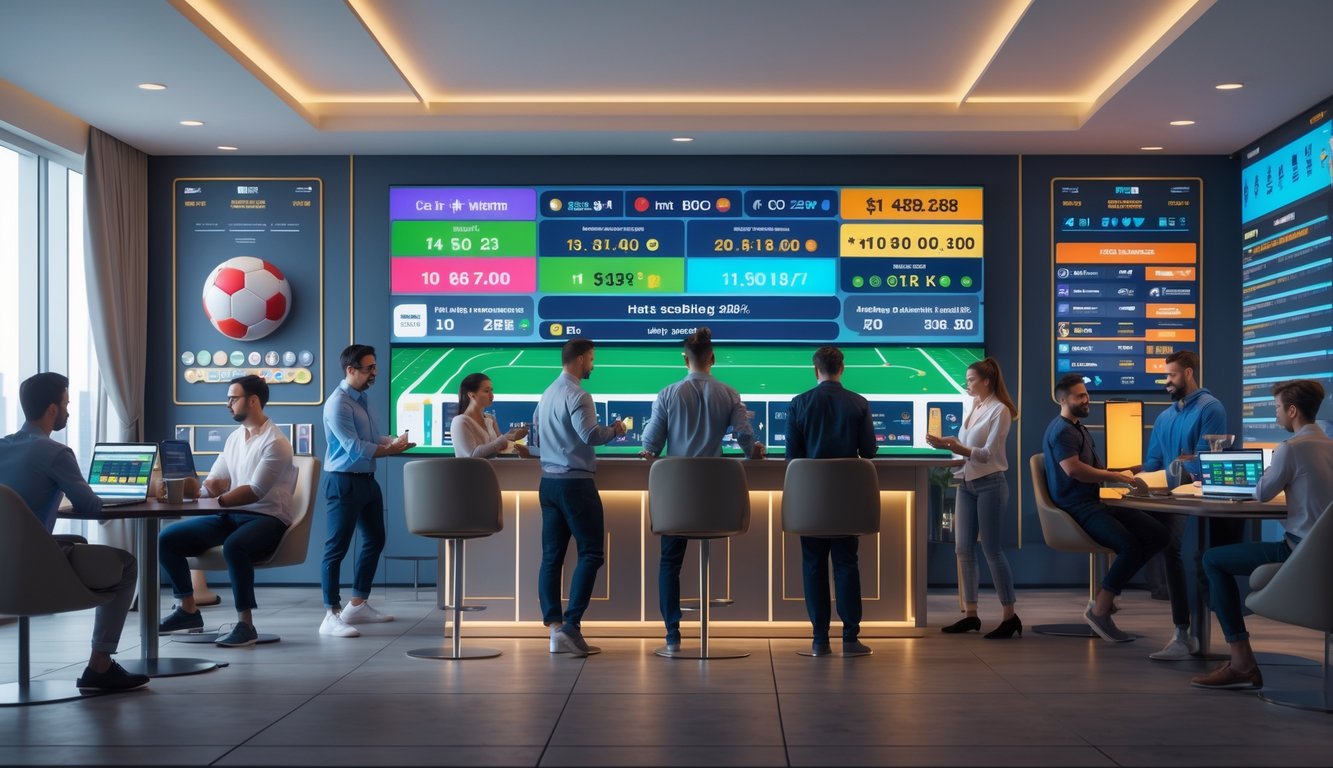 Sekelompok orang berbeda usia dan latar belakang sedang menggunakan perangkat elektronik untuk bertaruh pada acara olahraga di ruangan modern dengan layar besar menampilkan pertandingan dan peluang taruhan.